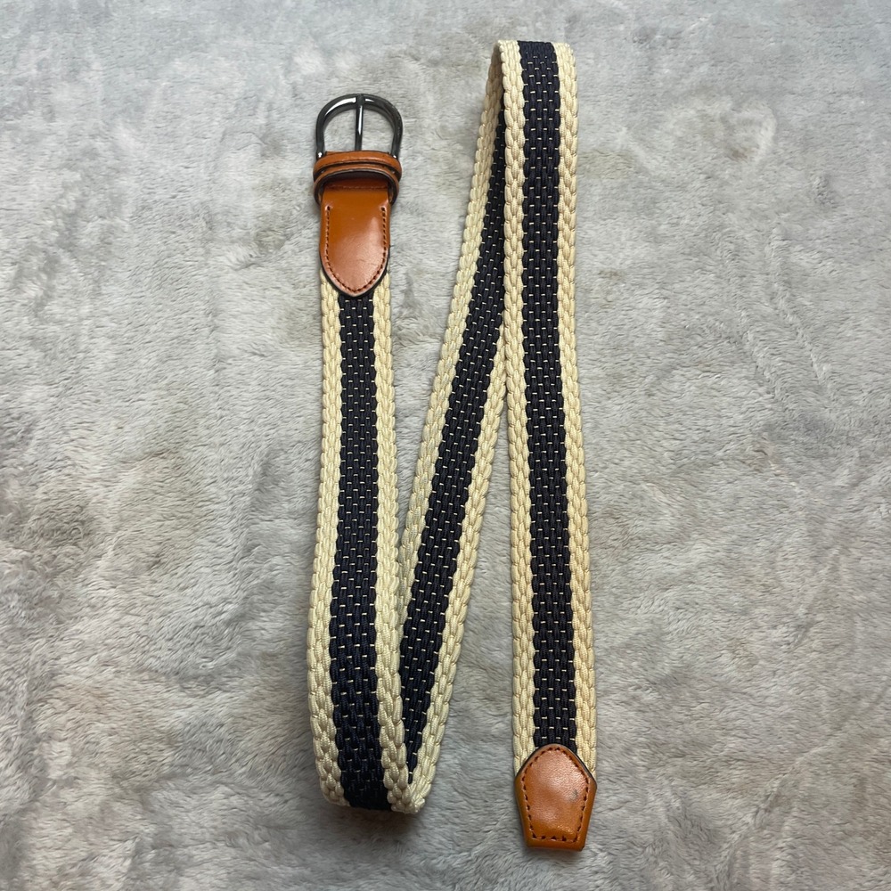 Balmain Mens Braided Woven Belt Size 100/115 Navy Striped Leather Trim Nautical
